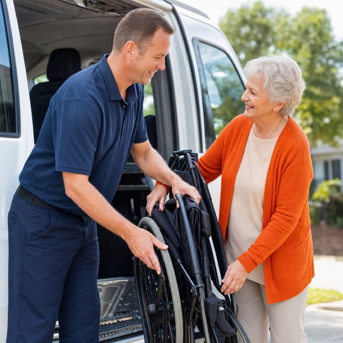 A professional, friendly DFW Medical Transportation driver beside an accessible van