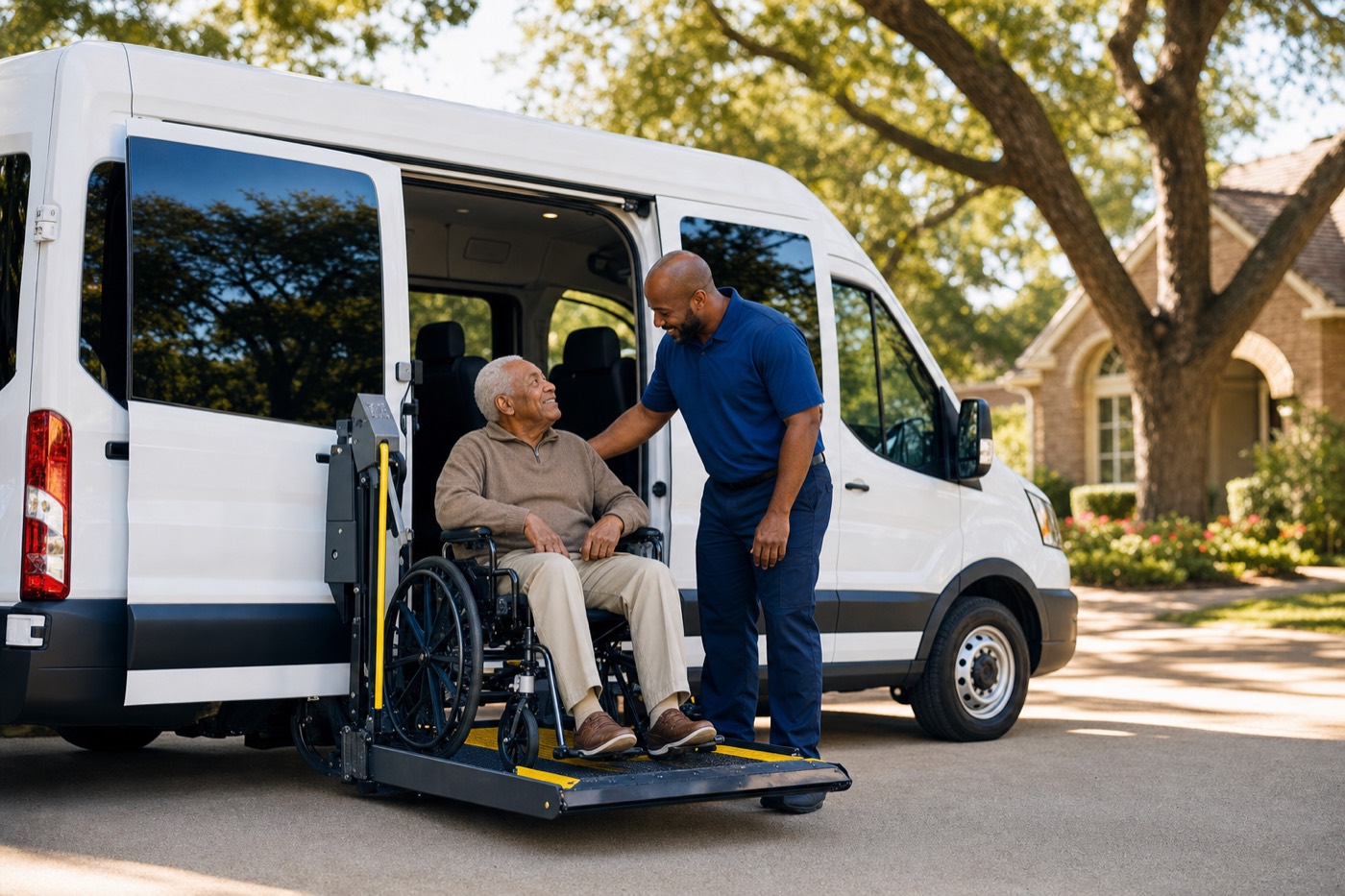 A friendly DFW Medical Transportation driver helping a senior passenger board a wheelchair-accessible van