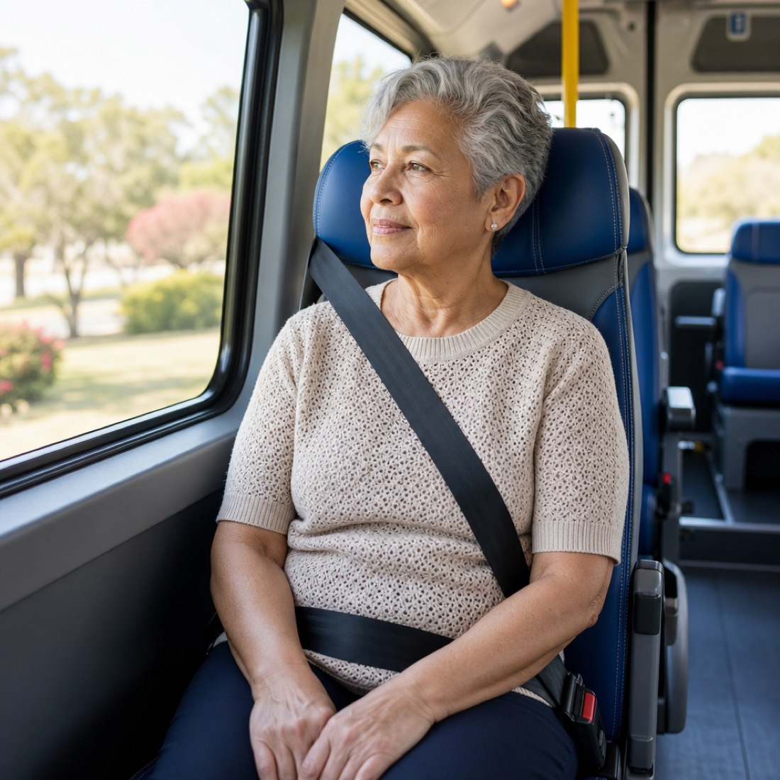 A comfortable senior passenger riding safely in an accessible transport van