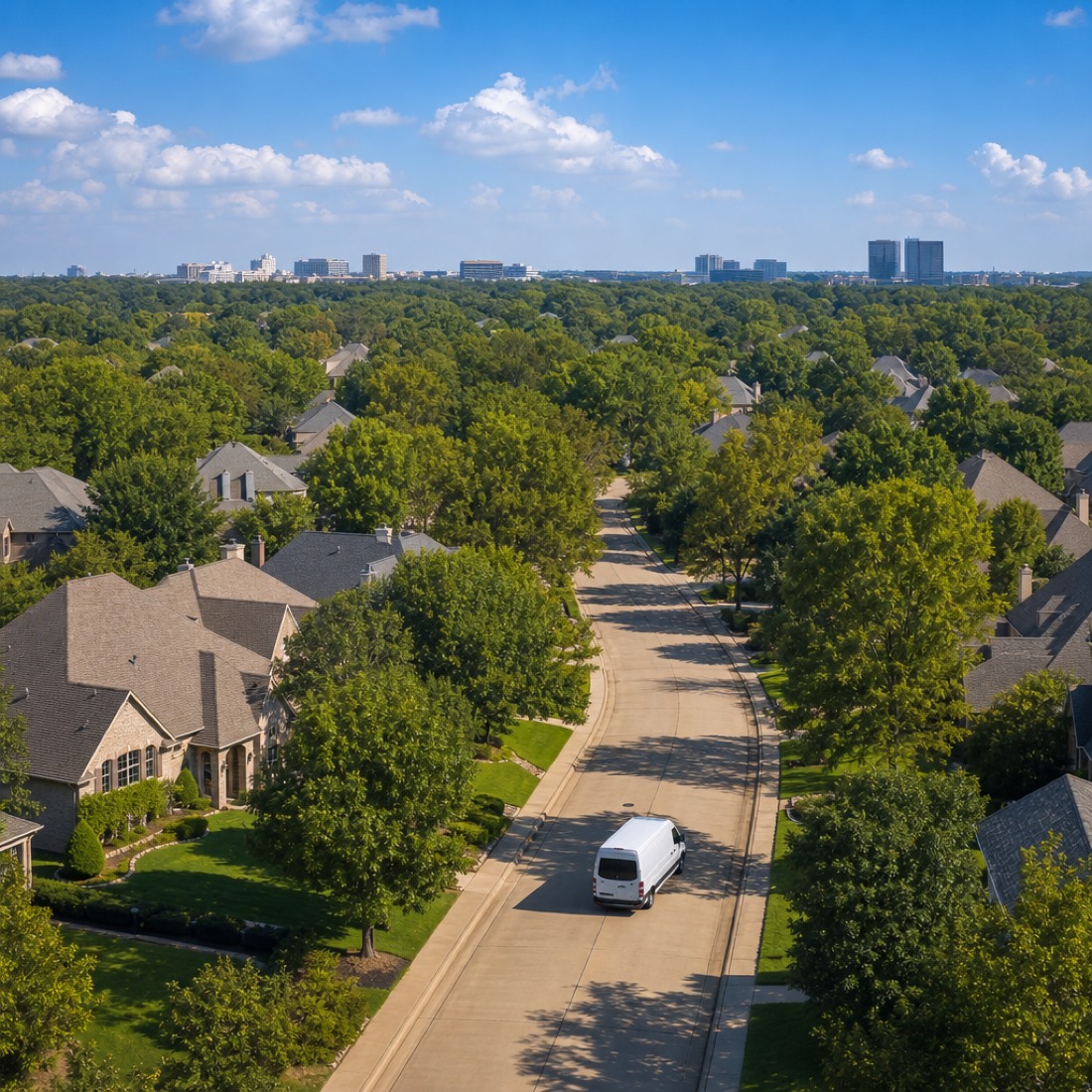 Aerial view of North Dallas suburban neighborhoods served by DFW Medical Transportation