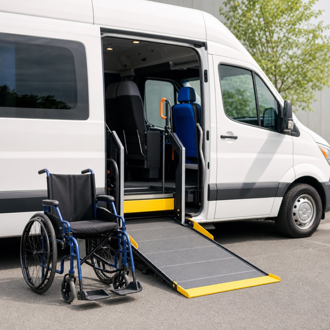 Wheelchair lift ramp deployed on a clean white medical transport van